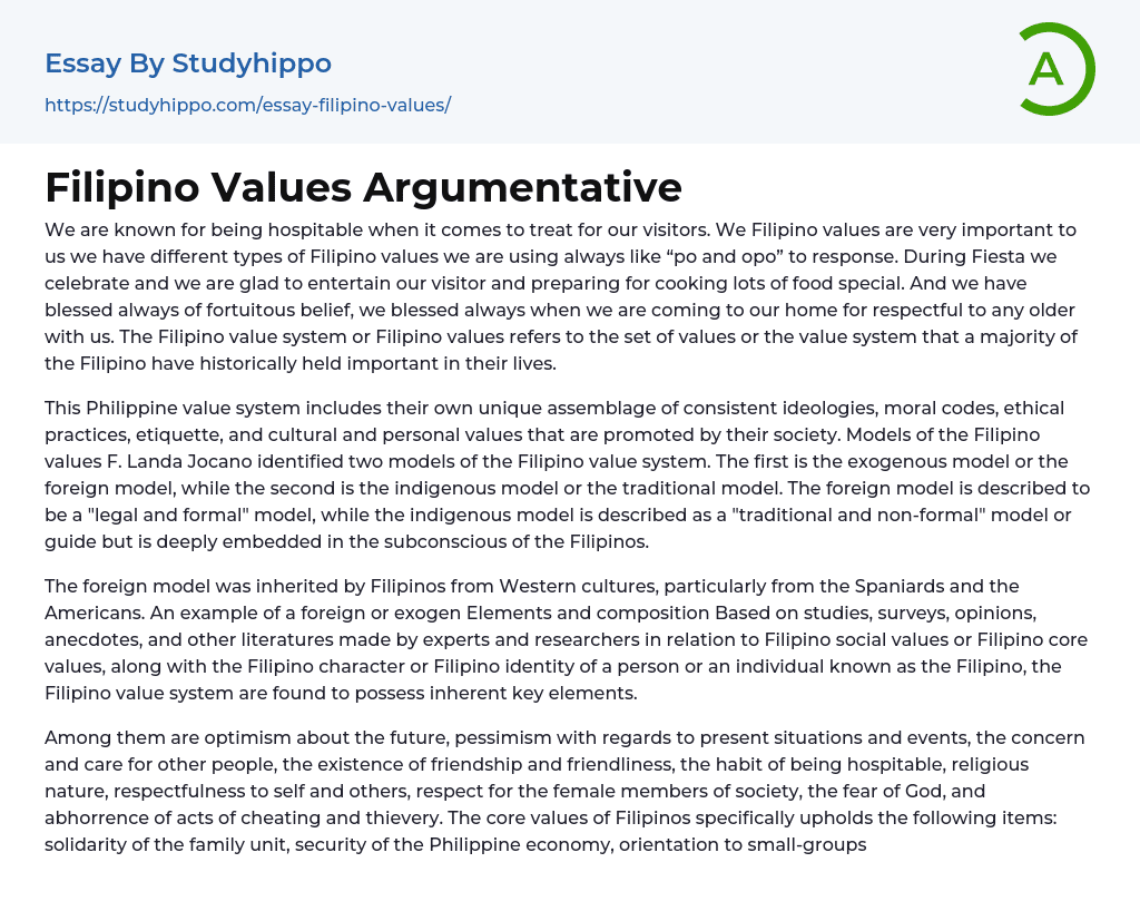Filipino Values Argumentative Essay Example