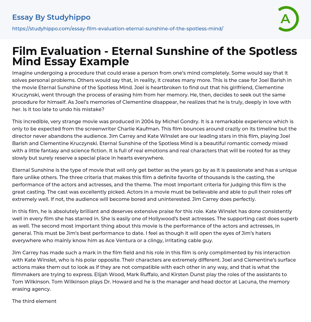 Film Evaluation – Eternal Sunshine of the Spotless Mind Essay Example
