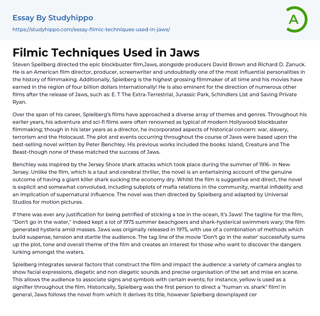Filmic Techniques Used in Jaws Essay Example