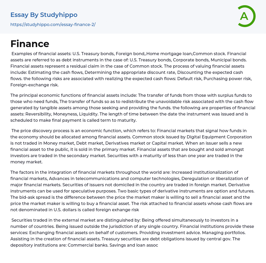 The Finance Assets Essay Example