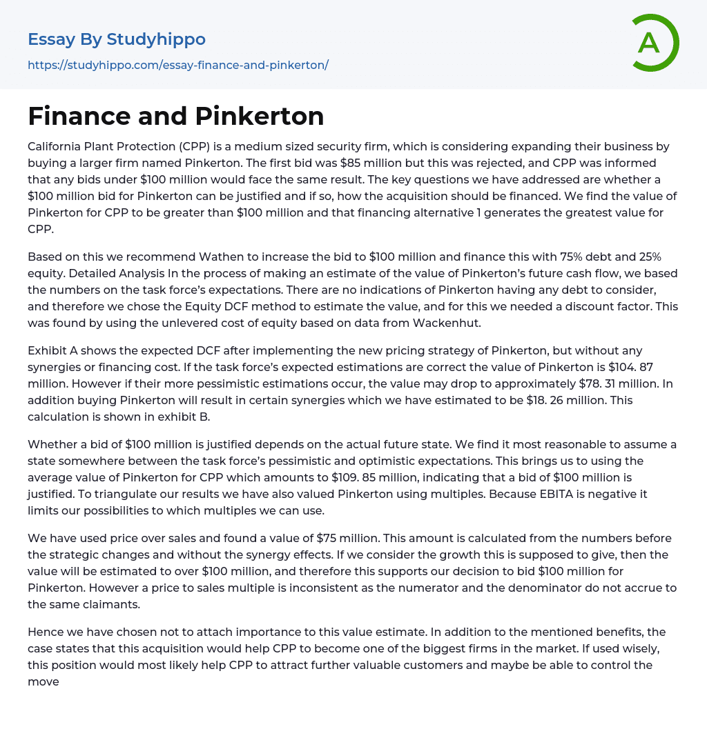 Finance and Pinkerton Essay Example
