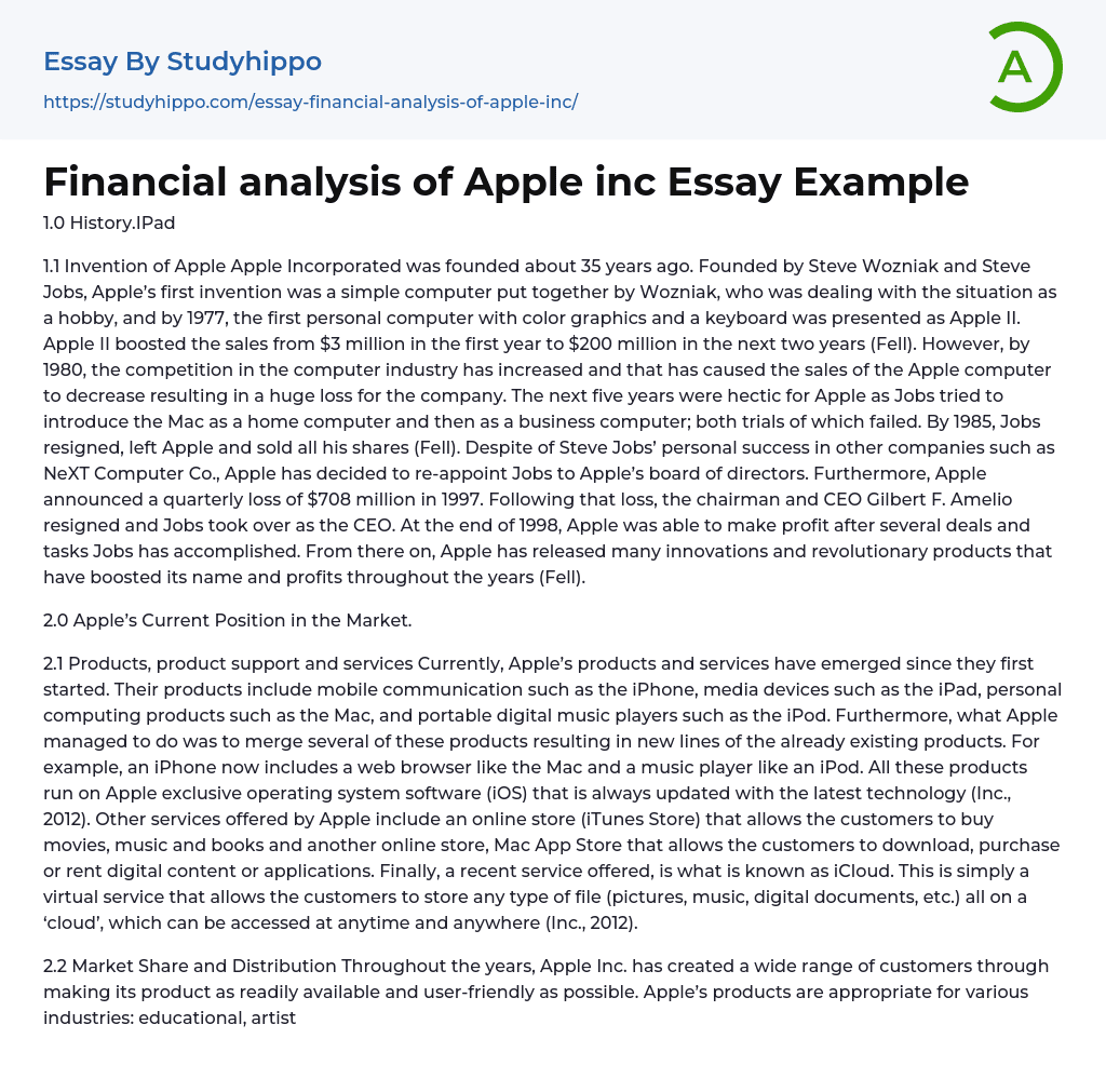 Financial Analysis of Apple Incorporated Essay Example