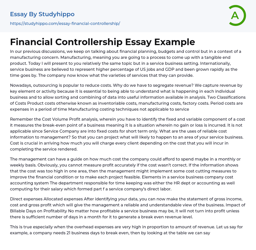 Financial Controllership Essay Example