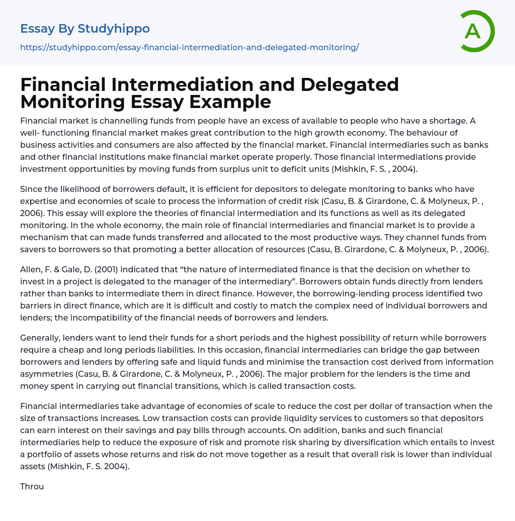 Financial Intermediation and Delegated Monitoring Essay Example