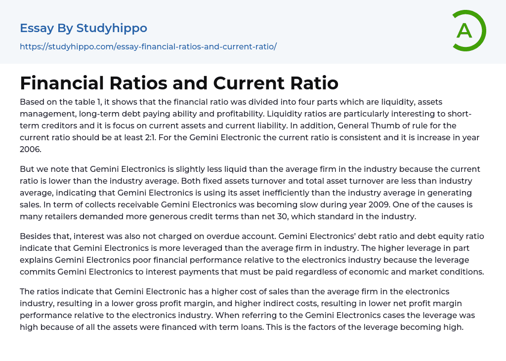 Financial Ratios and Current Ratio Essay Example