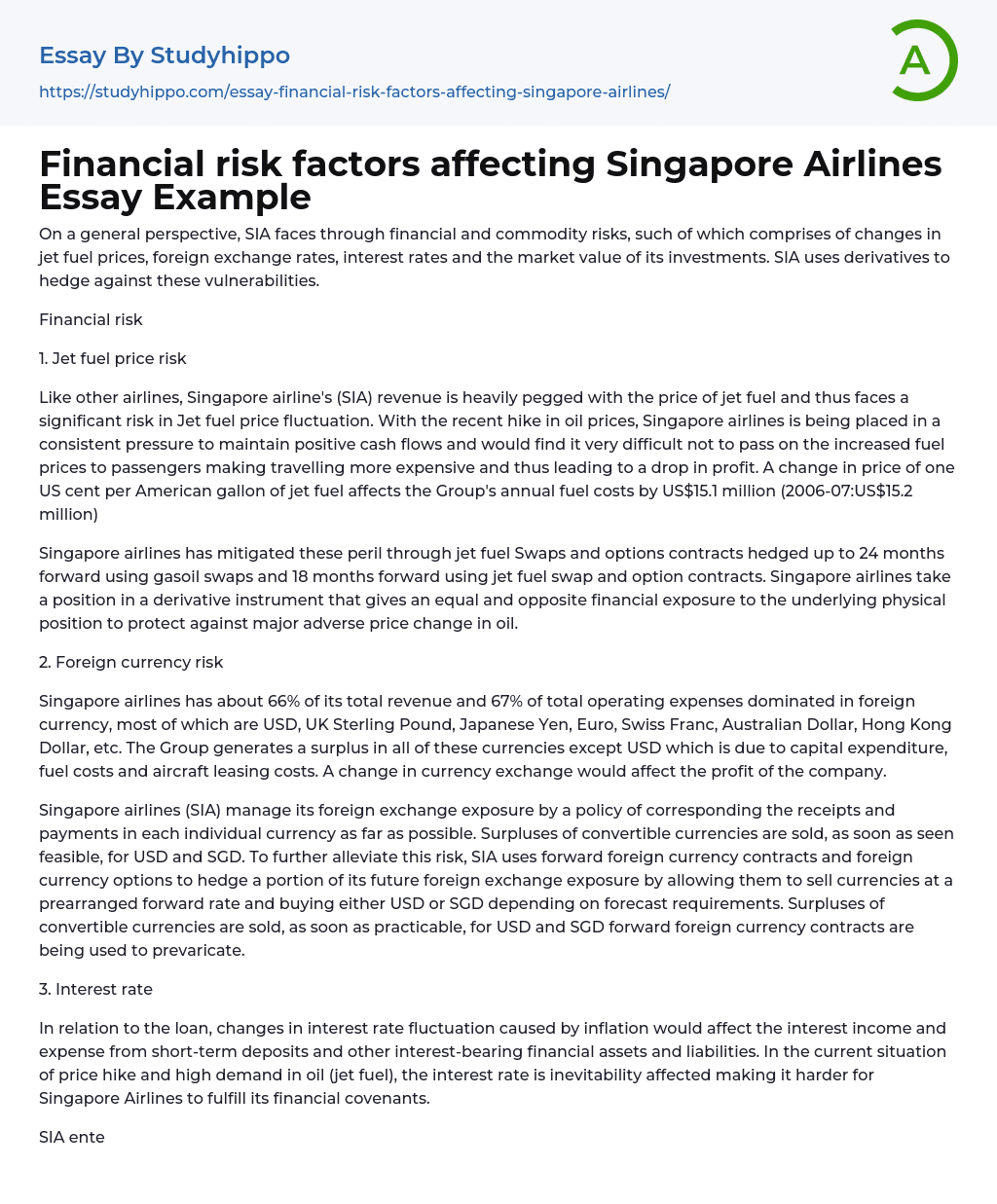 Financial risk factors affecting Singapore Airlines Essay Example