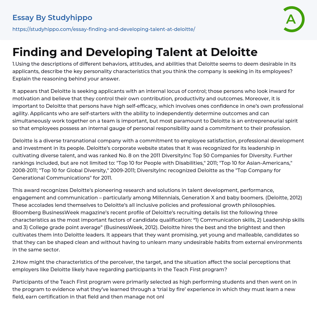 Finding and Developing Talent at Deloitte Essay Example