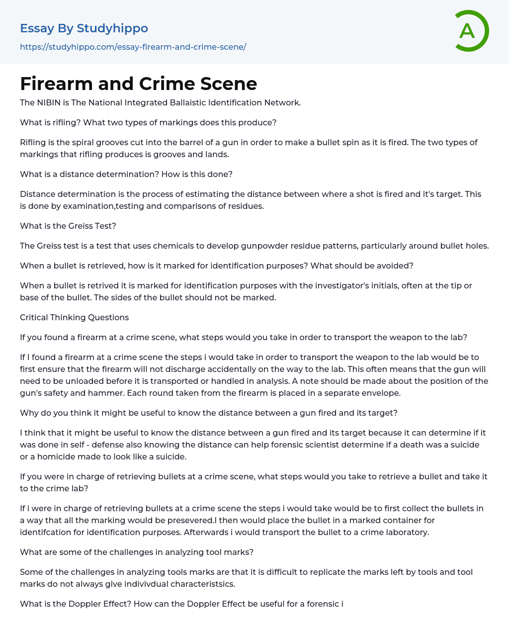 Firearm and Crime Scene Essay Example