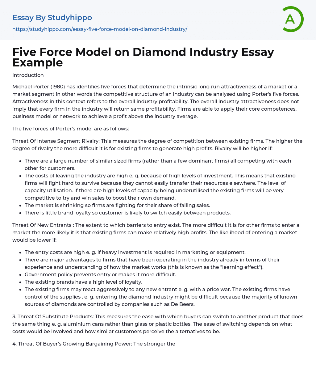 Five Force Model on Diamond Industry Essay Example