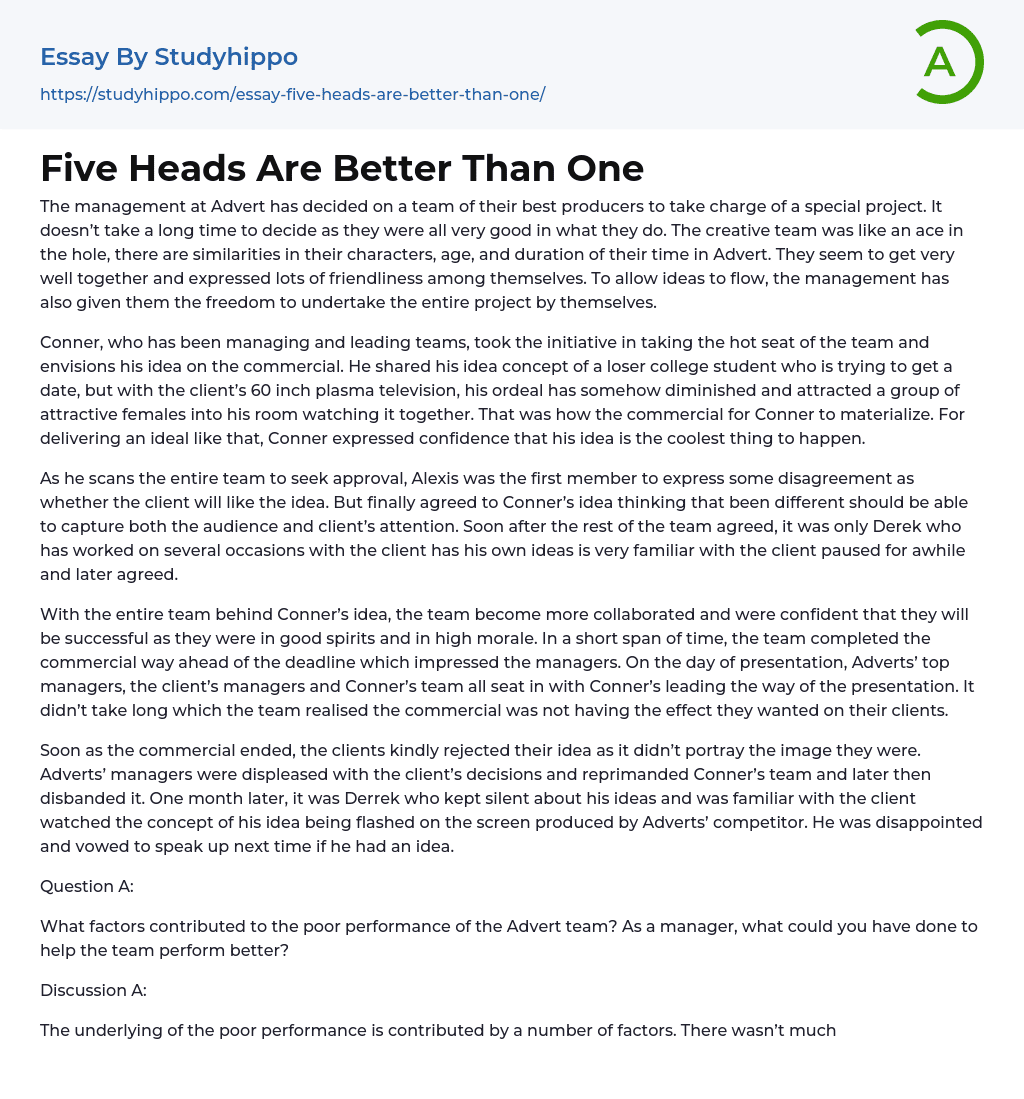 Five Heads Are Better Than One Essay Example