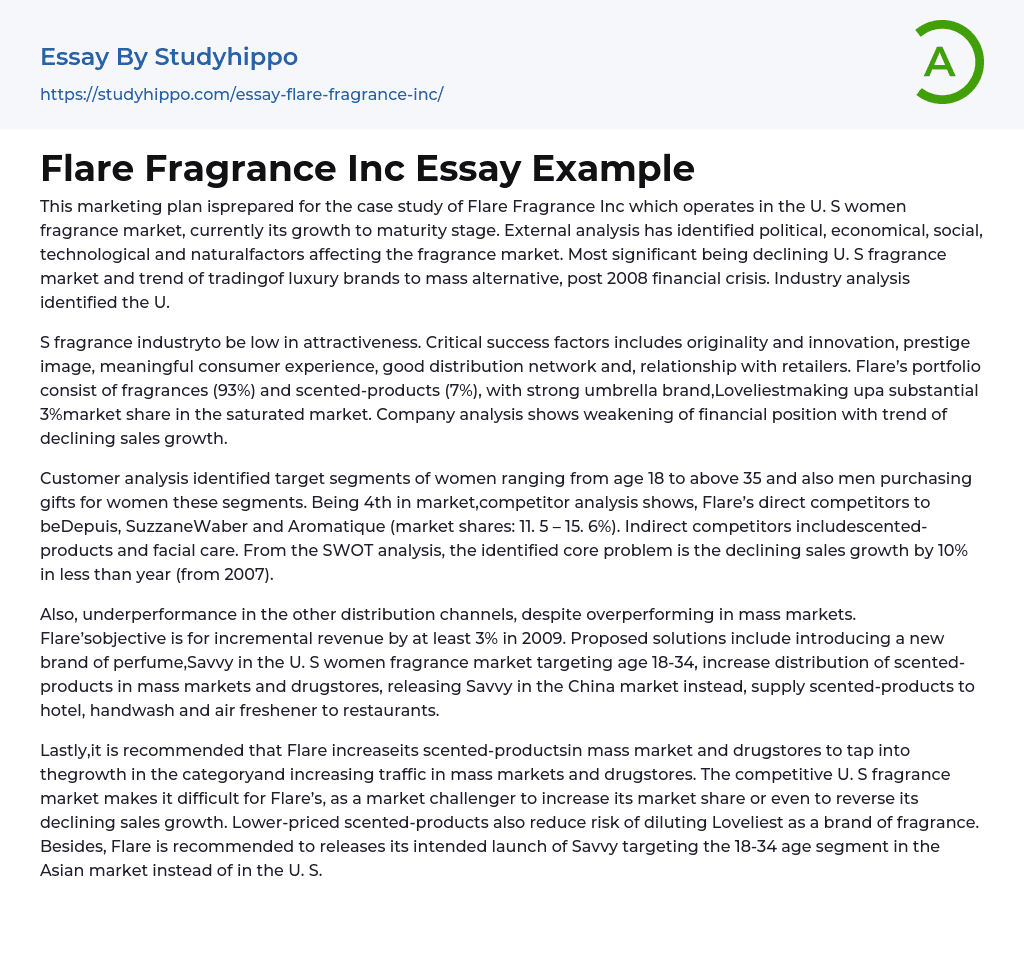 Flare Fragrance Inc Essay Example