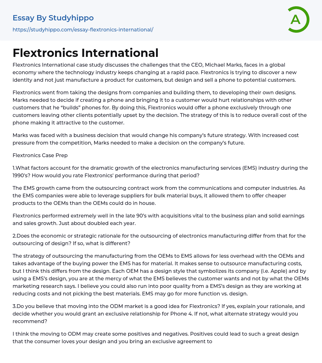 Flextronics International Essay Example
