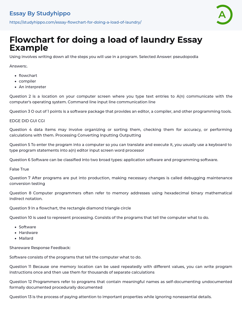 Flowchart for doing a load of laundry Essay Example
