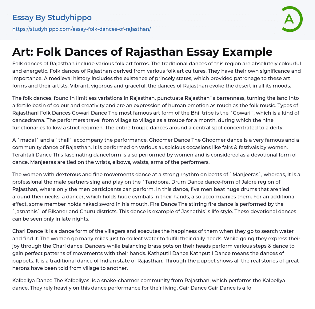 Art: Folk Dances of Rajasthan Essay Example