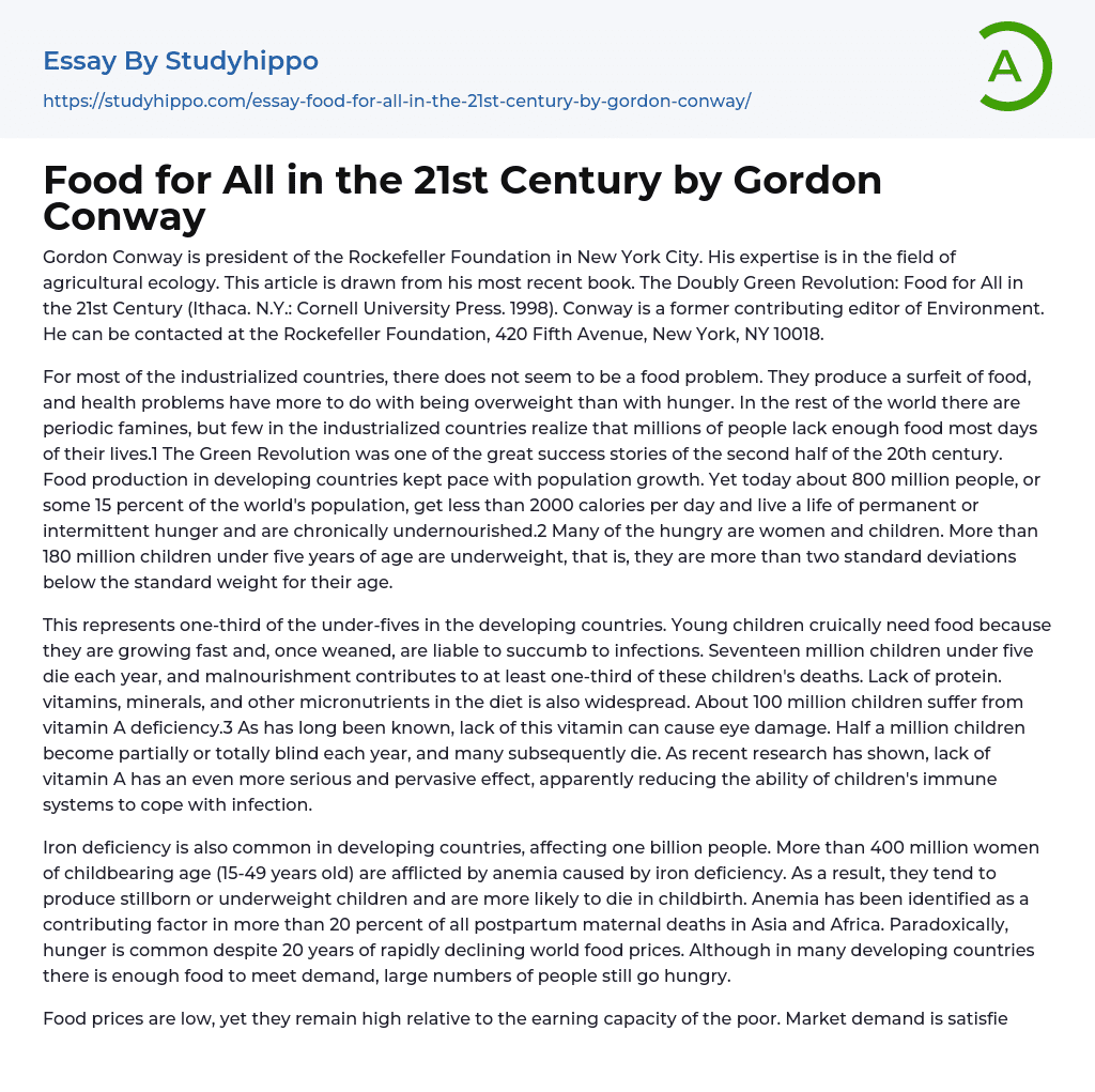 Food for All in the 21st Century by Gordon Conway Essay Example