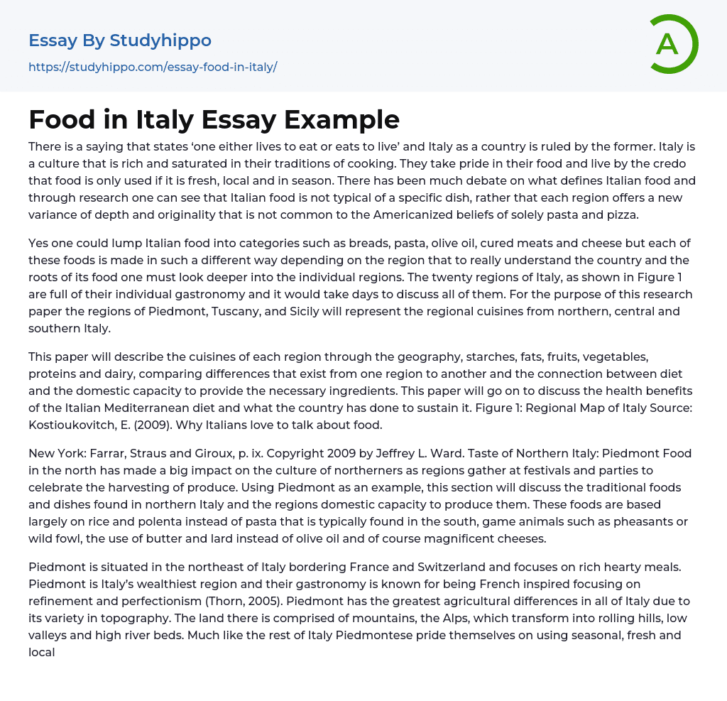 Food in Italy Essay Example
