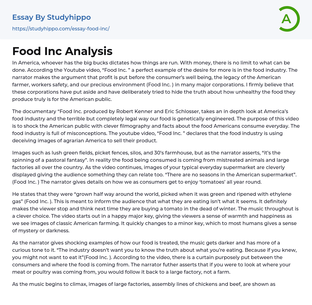 Food Inc Analysis Essay Example