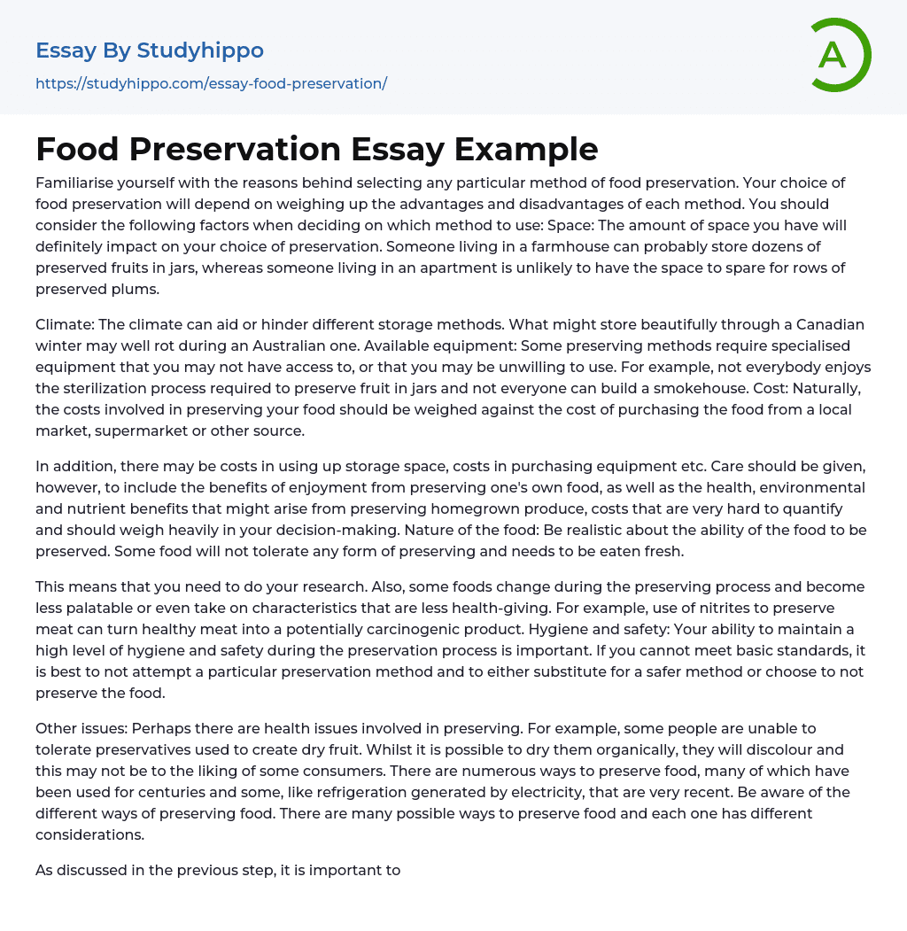 Food Preservation Essay Example