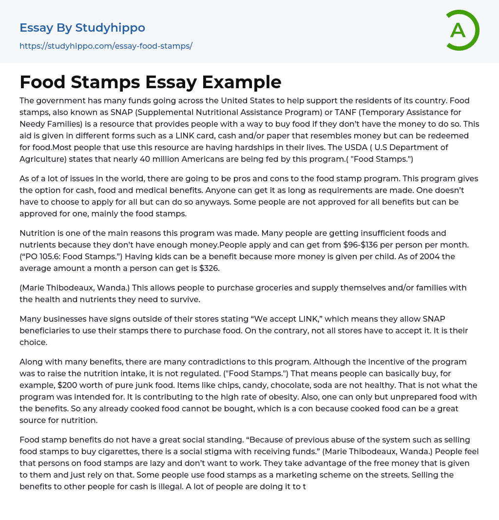 Food Stamps Essay Example