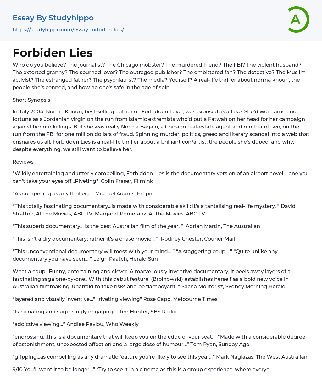 Forbiden Lies Essay Example