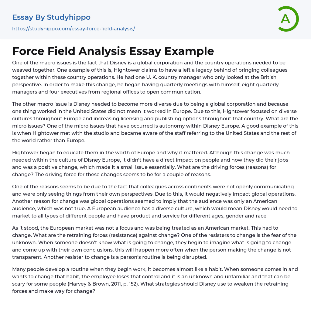 Force Field Analysis Essay Example