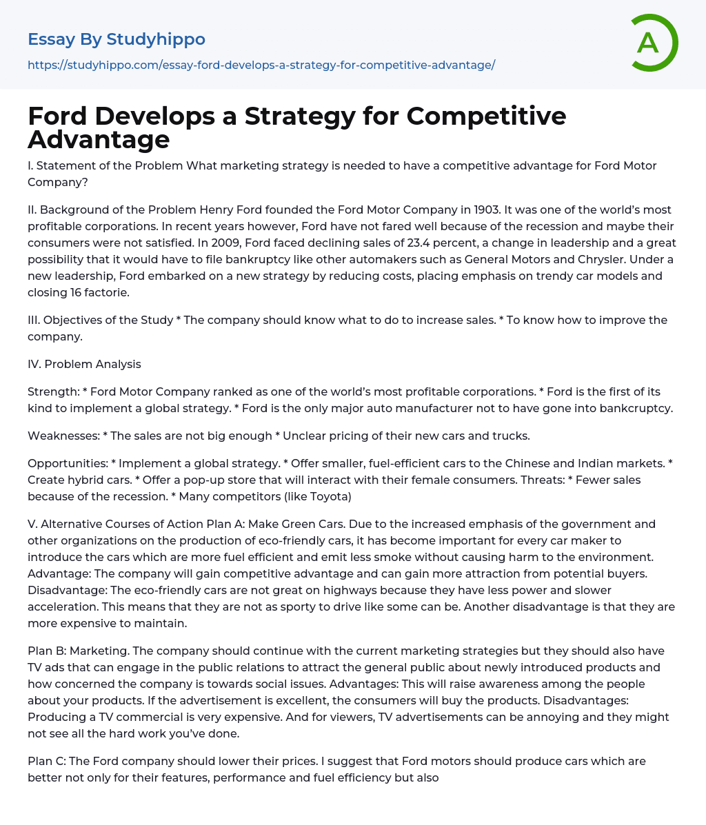 Ford Develops a Strategy for Competitive Advantage Essay Example
