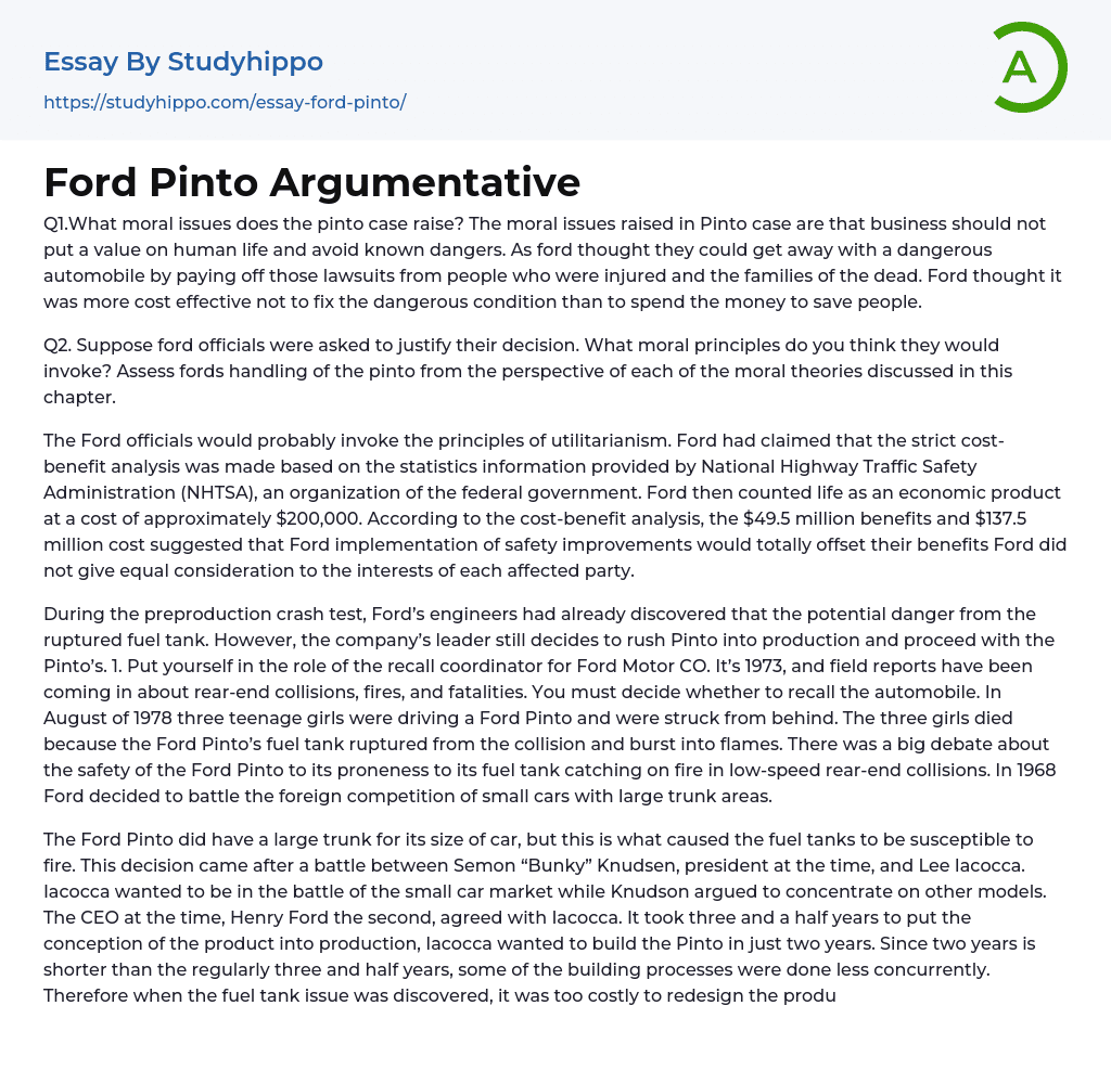 Ford Pinto Argumentative Essay Example