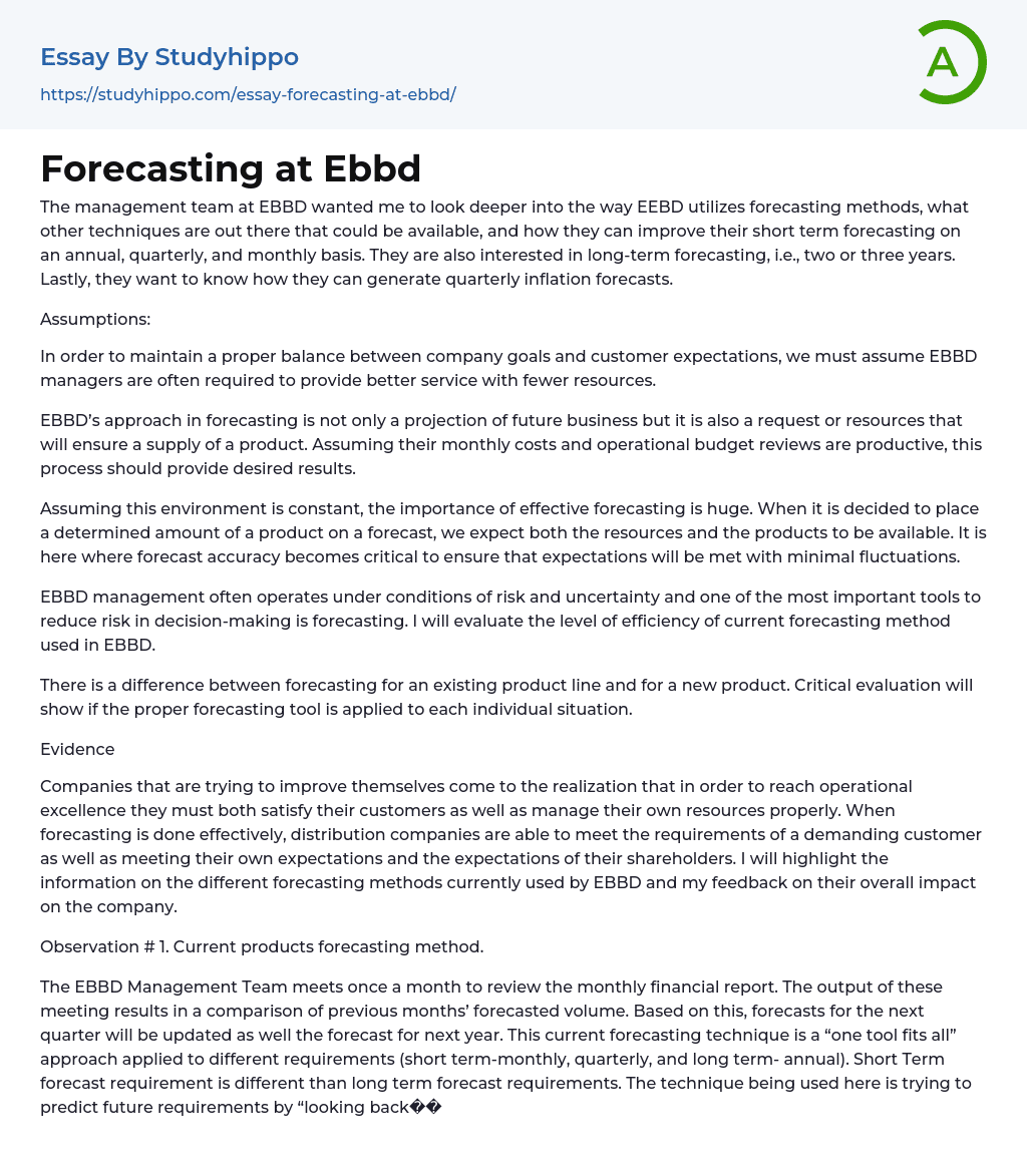 Forecasting at Ebbd Essay Example
