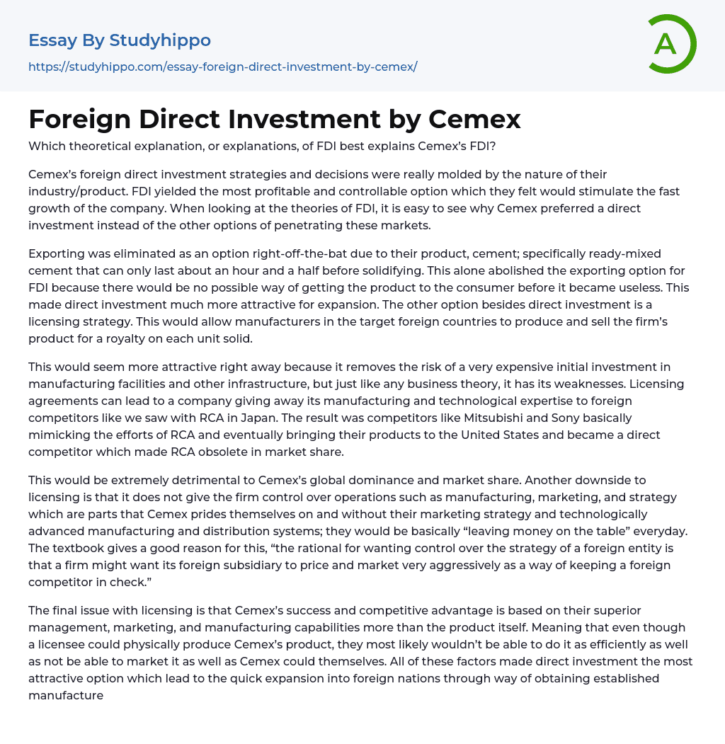 Foreign Direct Investment by Cemex Essay Example