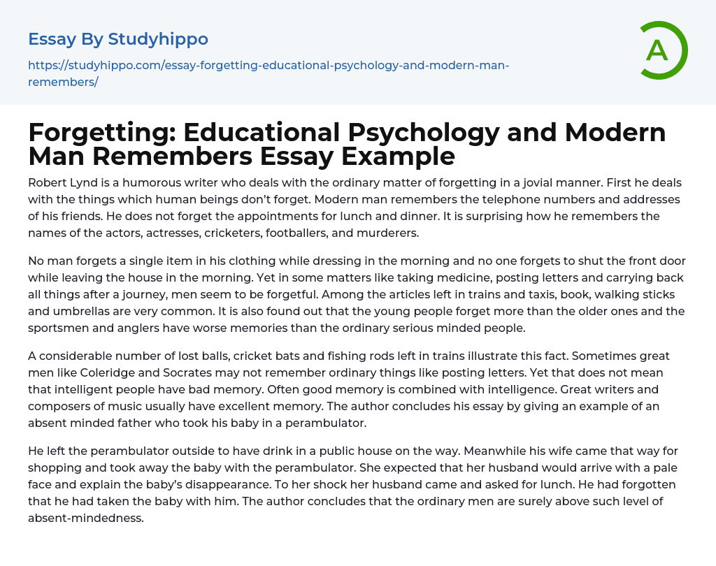 Forgetting: Educational Psychology and Modern Man Remembers Essay Example