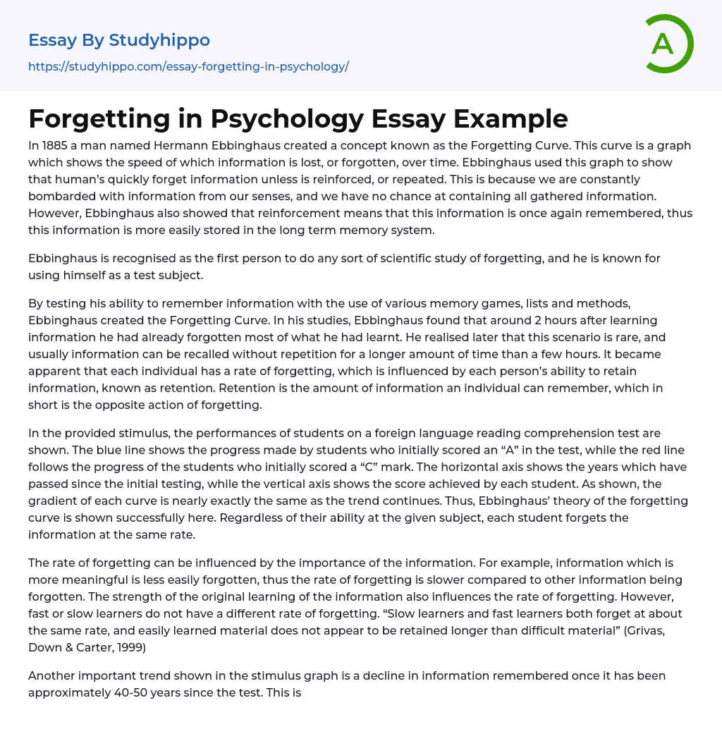 Forgetting in Psychology Essay Example