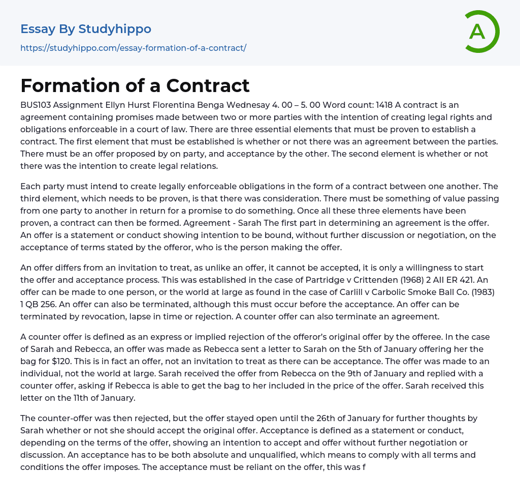 Formation of a Contract: Reviewing the Question Essay Example