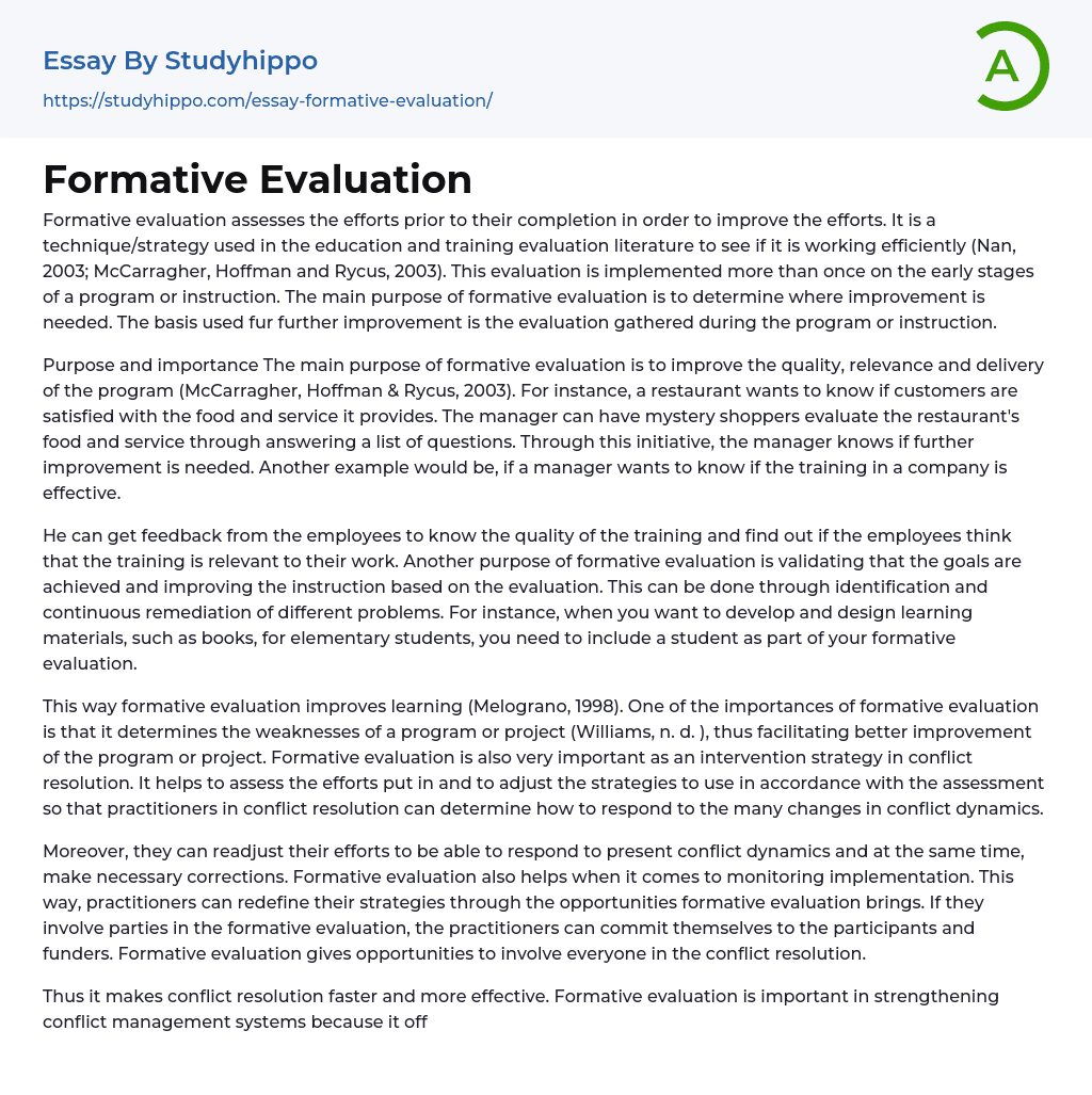 Formative Evaluation Essay Example