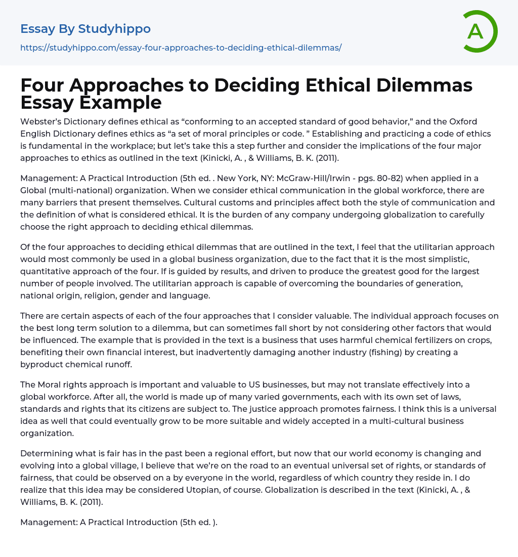Four Approaches to Deciding Ethical Dilemmas Essay Example