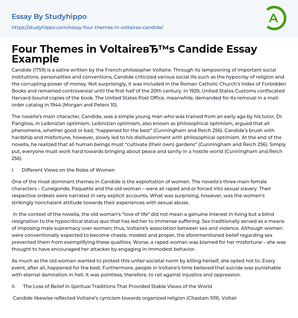 Four Themes in Voltaire’s Candide Essay Example