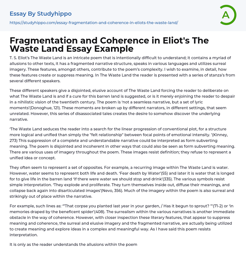 Fragmentation and Coherence in Eliot’s The Waste Land Essay Example