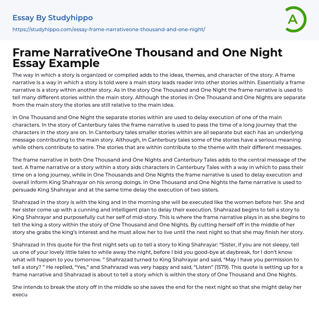 Frame NarrativeOne Thousand and One Night Essay Example