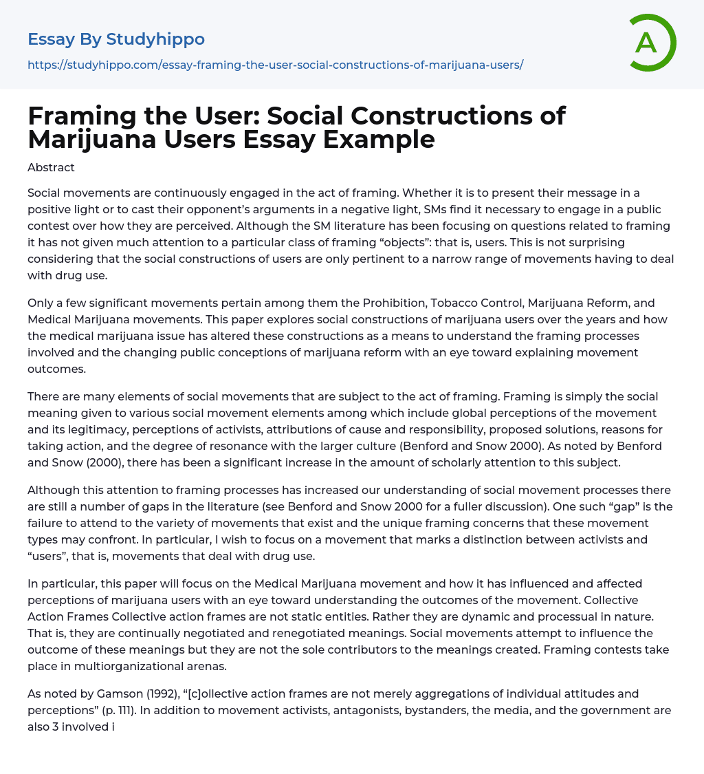 Framing the User: Social Constructions of Marijuana Users Essay Example