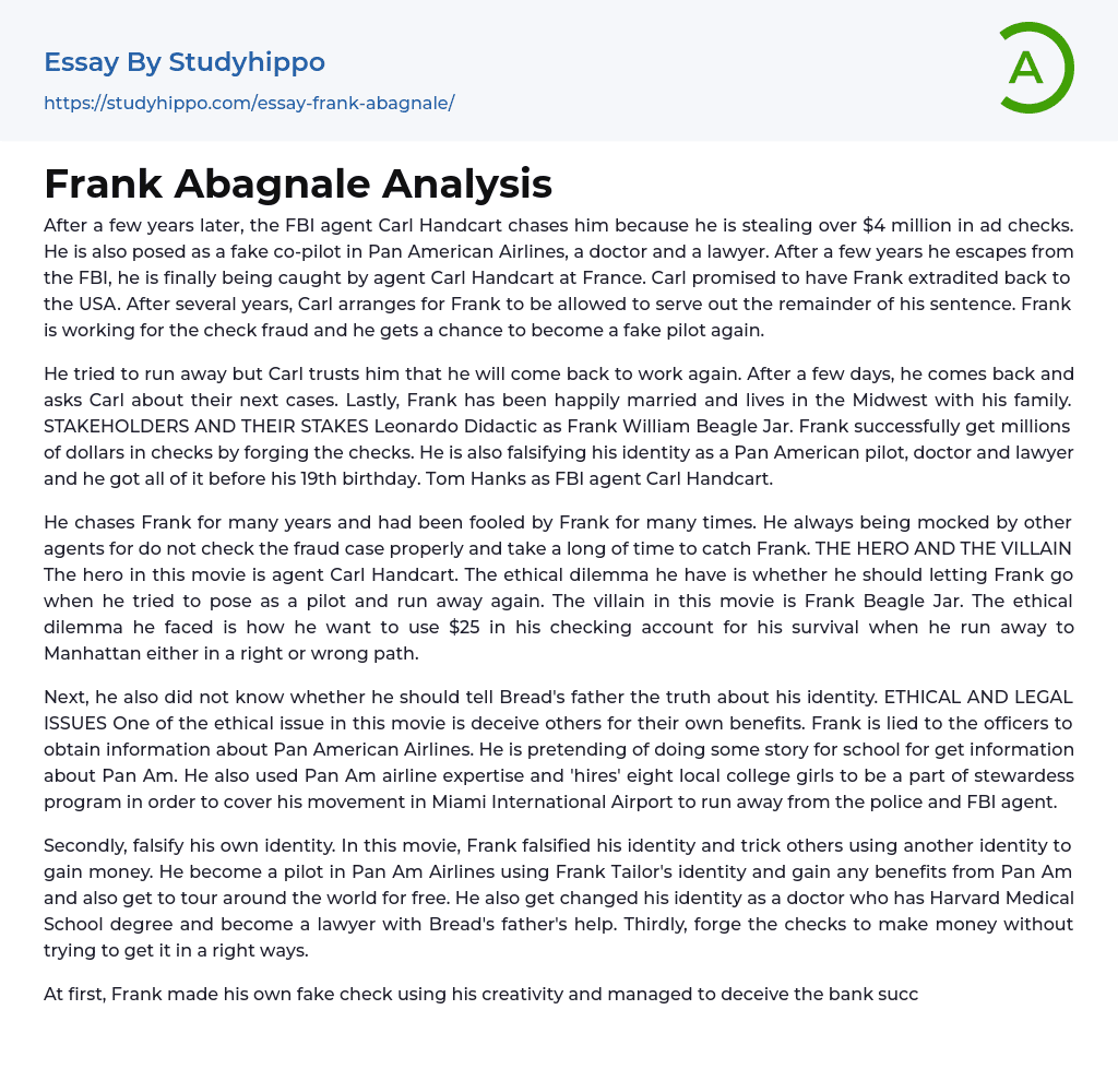 Frank Abagnale Analysis Essay Example