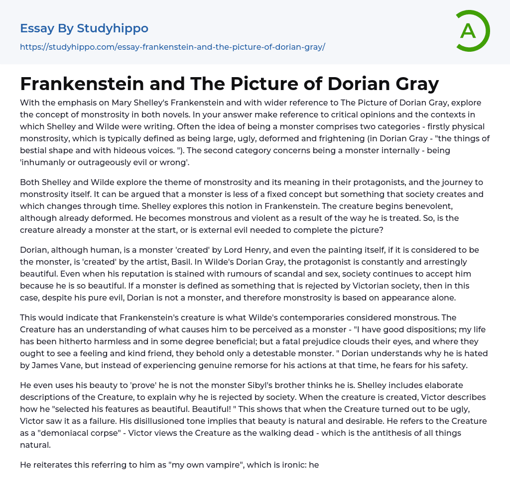 Frankenstein and The Picture of Dorian Gray Essay Example
