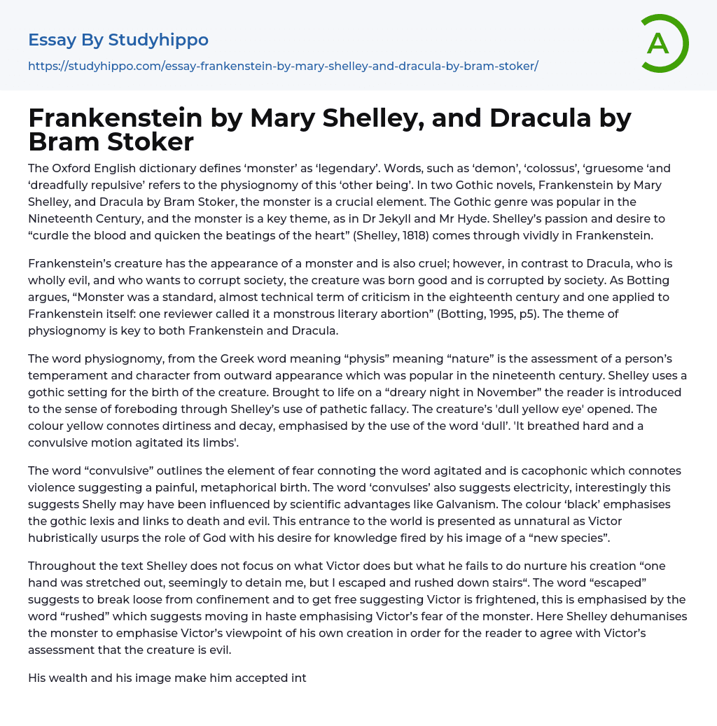 Frankenstein by Mary Shelley, and Dracula by Bram Stoker Essay Example