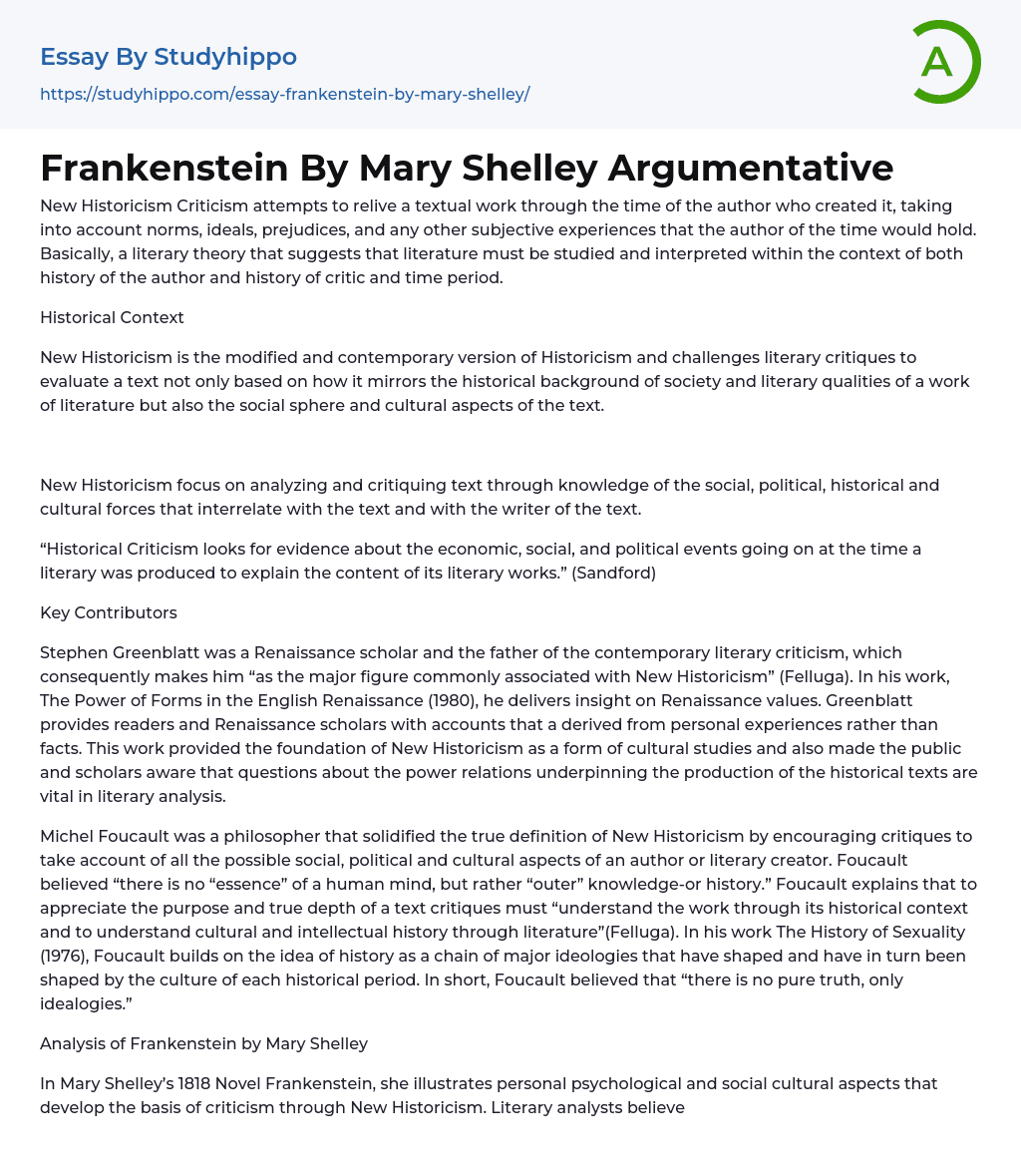 Frankenstein By Mary Shelley Argumentative Essay Example