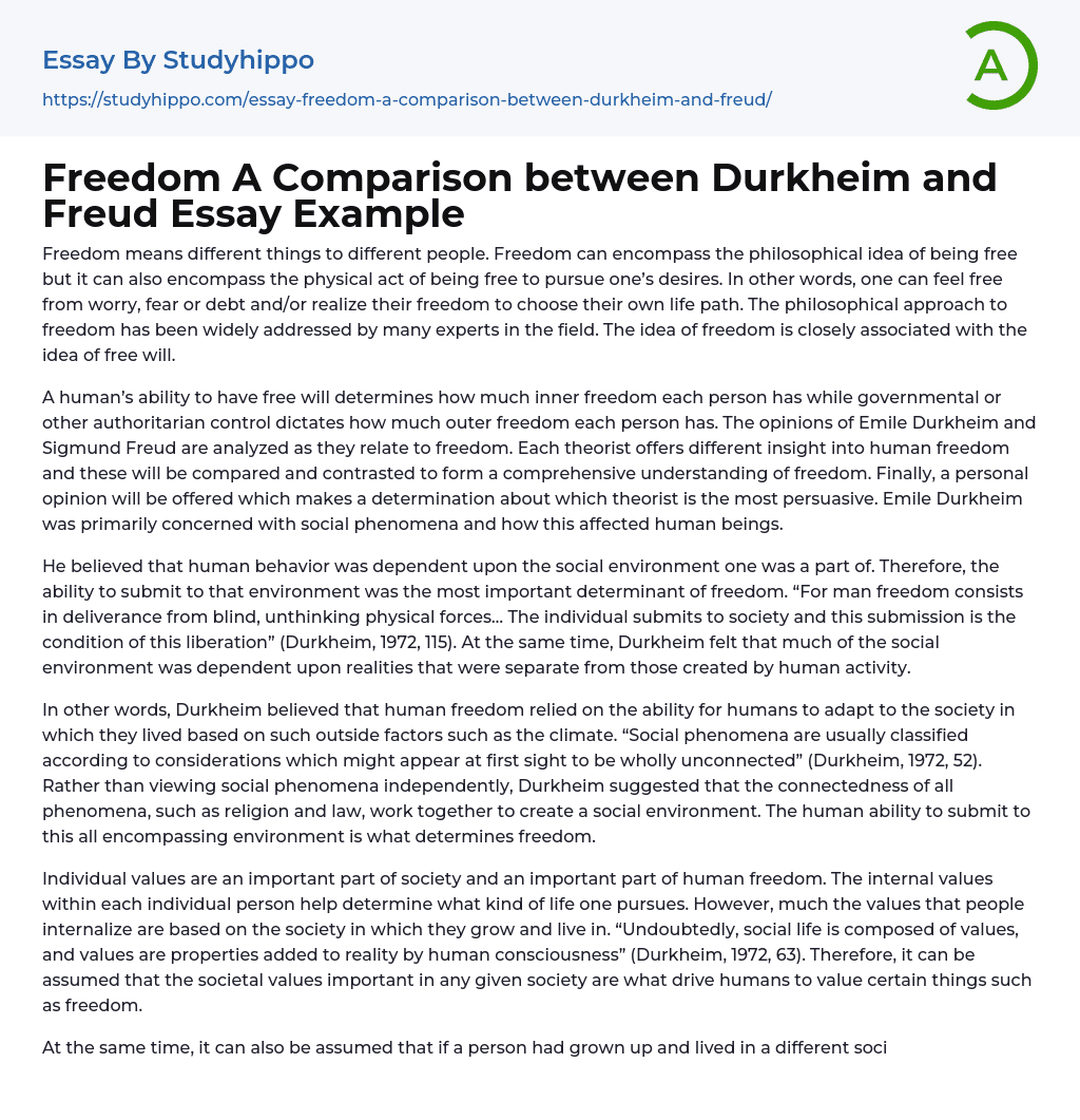 Freedom A Comparison between Durkheim and Freud Essay Example