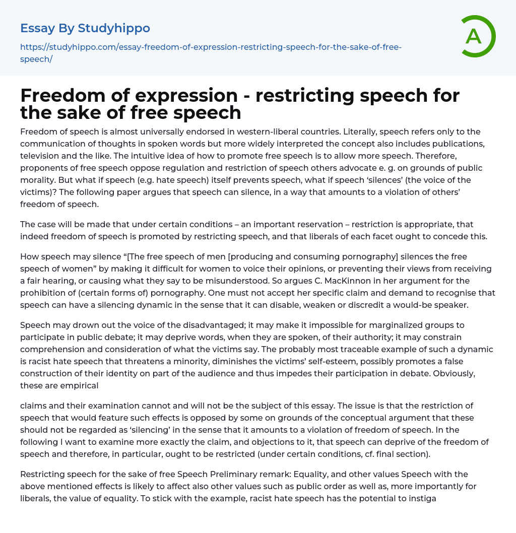 Freedom of expression – restricting speech for the sake of free speech Essay Example