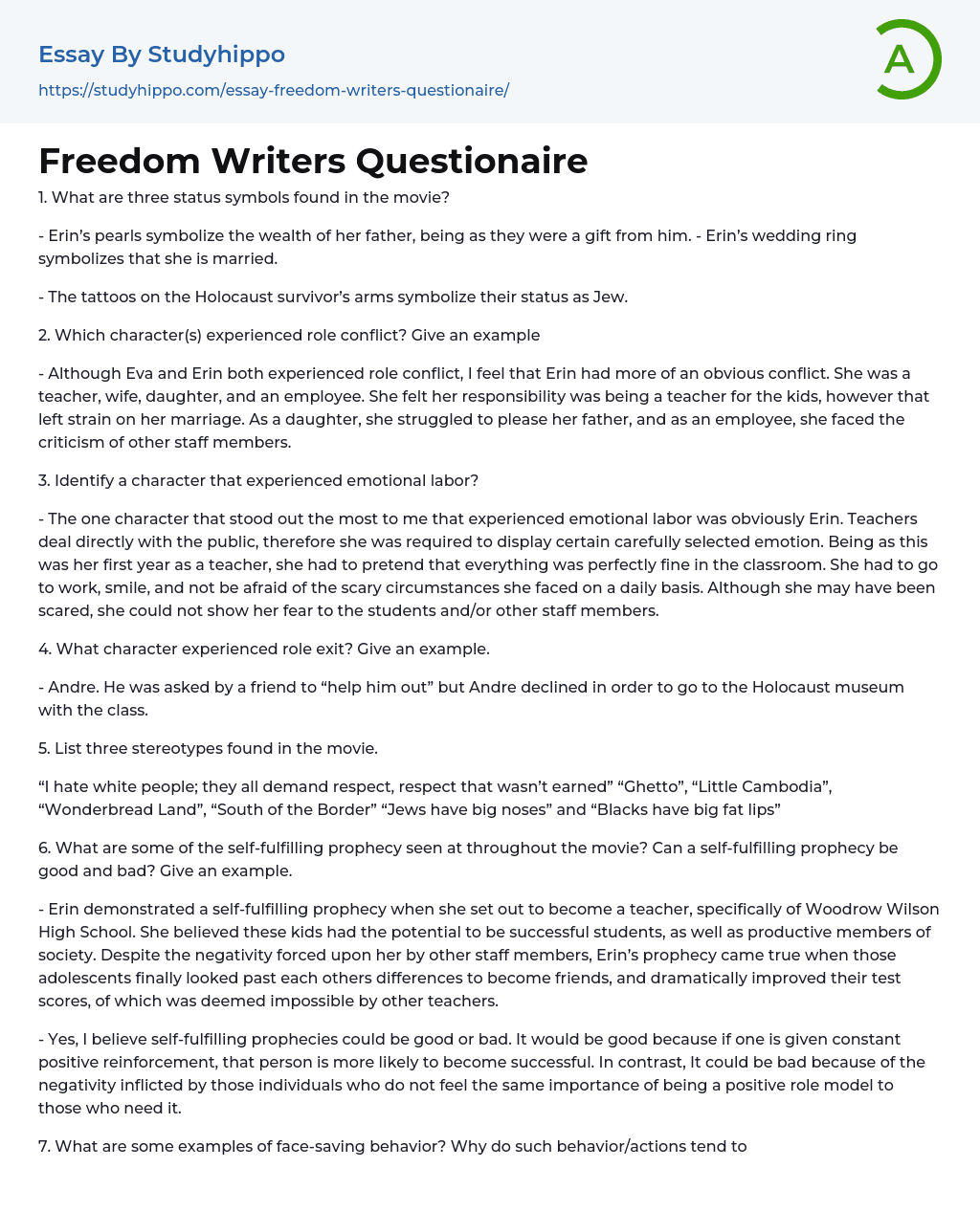 Freedom Writers Questionaire Essay Example