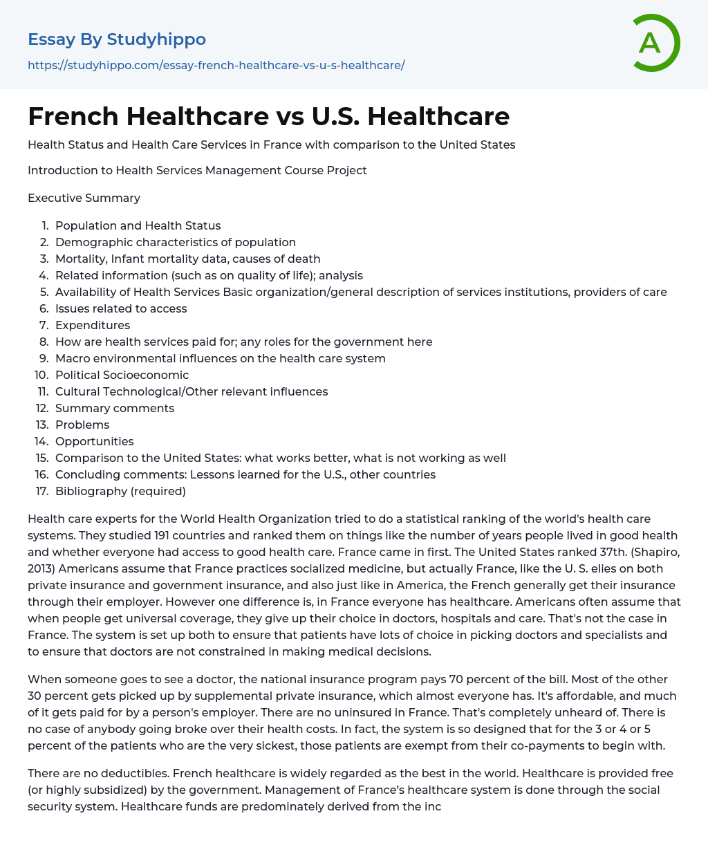 French Healthcare vs U.S. Healthcare Essay Example