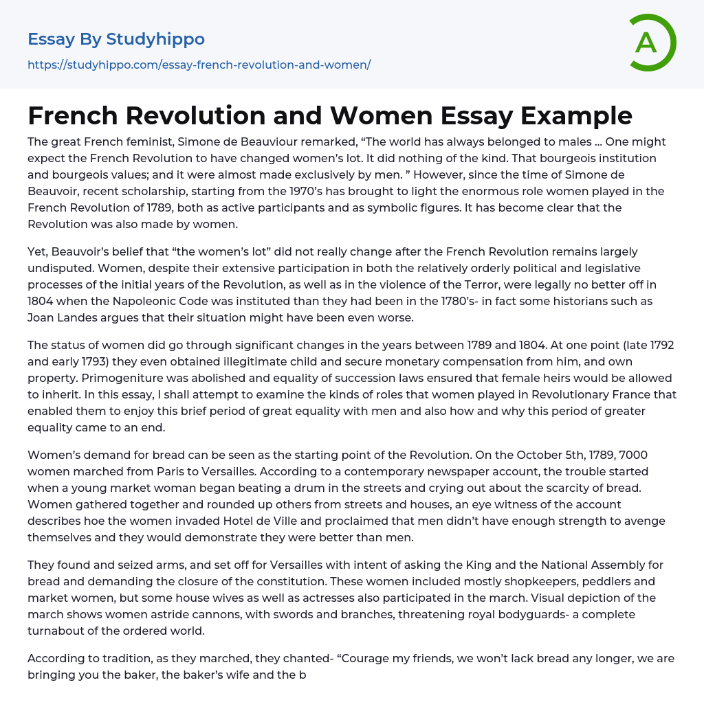 French Revolution and Women Essay Example