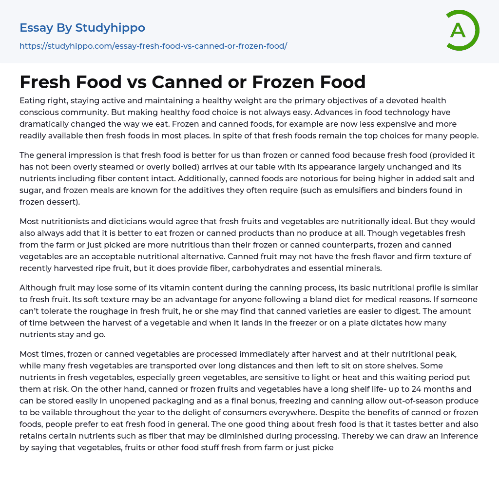 Fresh Food vs Canned or Frozen Food Essay Example