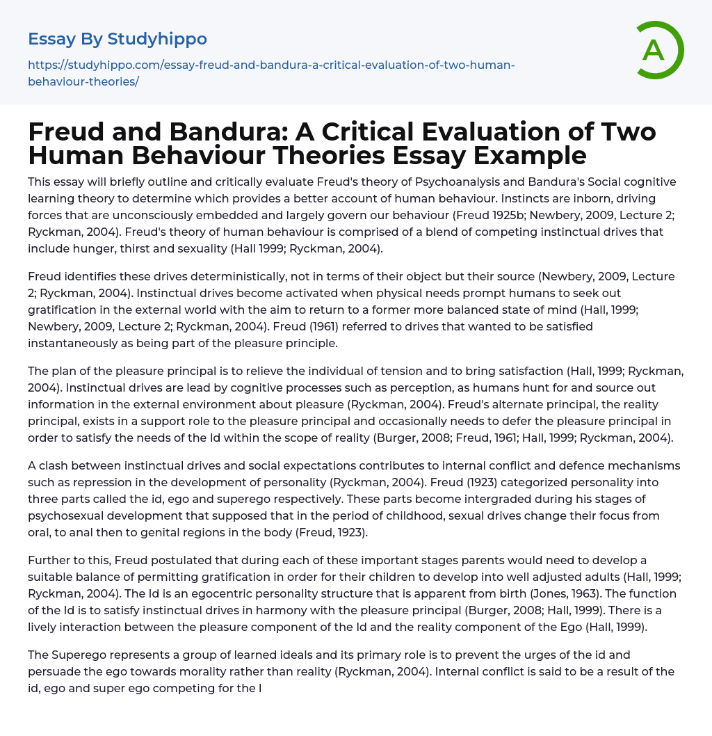 Freud and Bandura: A Critical Evaluation of Two Human Behaviour Theories Essay Example