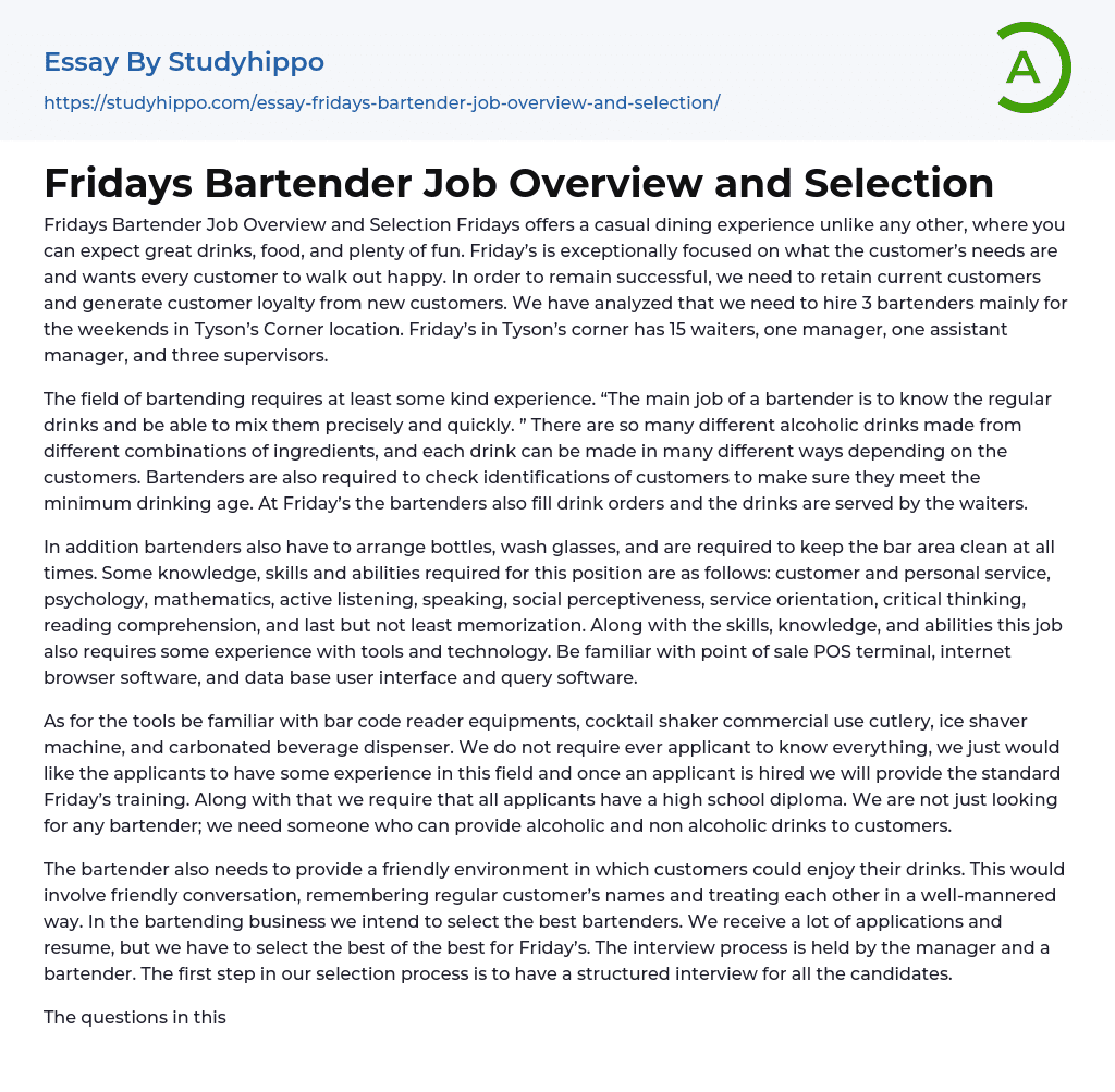 Fridays Bartender Job Overview and Selection Essay Example